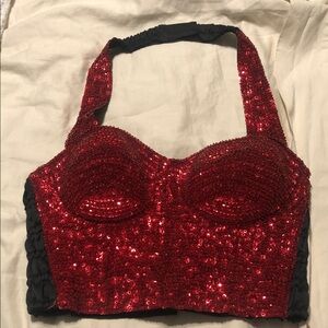 Selena styled Red Sequin Halter Top